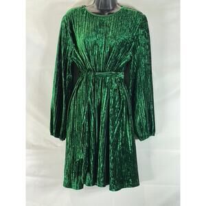 DRESS FORUM Women's Dark Green Crewneck Pleated Velvet Waist Tie Mini Dress SZ M